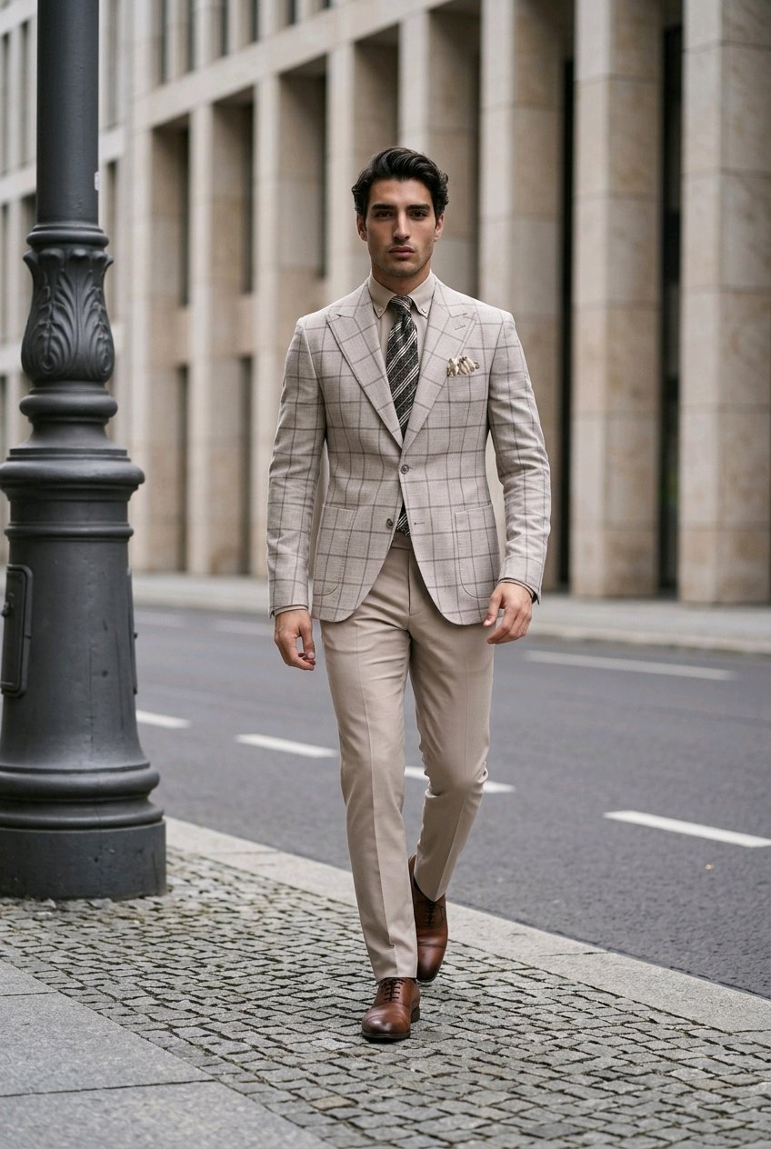 A man walking on a city sidewalk wearing a beige and white windowpane plaid suit, a patterned tie, and brown leather shoes, with a blurred urban background.