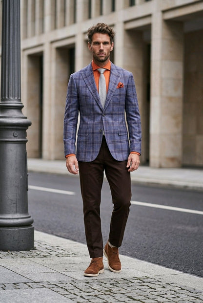 A man walking on a city sidewalk wearing a blue and gray plaid blazer, a bright orange shirt and tie, dark brown trousers, and brown suede boots.