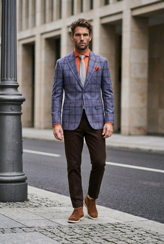 A man walking on a city sidewalk wearing a blue and gray plaid blazer, a bright orange shirt and tie, dark brown trousers, and brown suede boots.