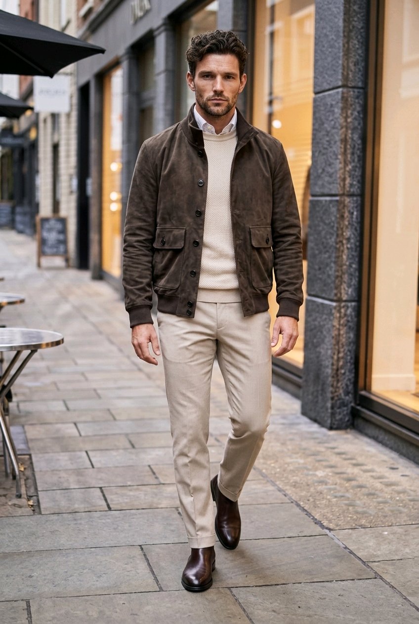 A man walking on a city sidewalk wearing a dark brown suede jacket over a cream sweater, beige trousers, and dark brown leather shoes.