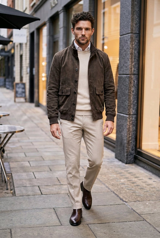 A man walking on a city sidewalk wearing a dark brown suede jacket over a cream sweater, beige trousers, and dark brown leather shoes.