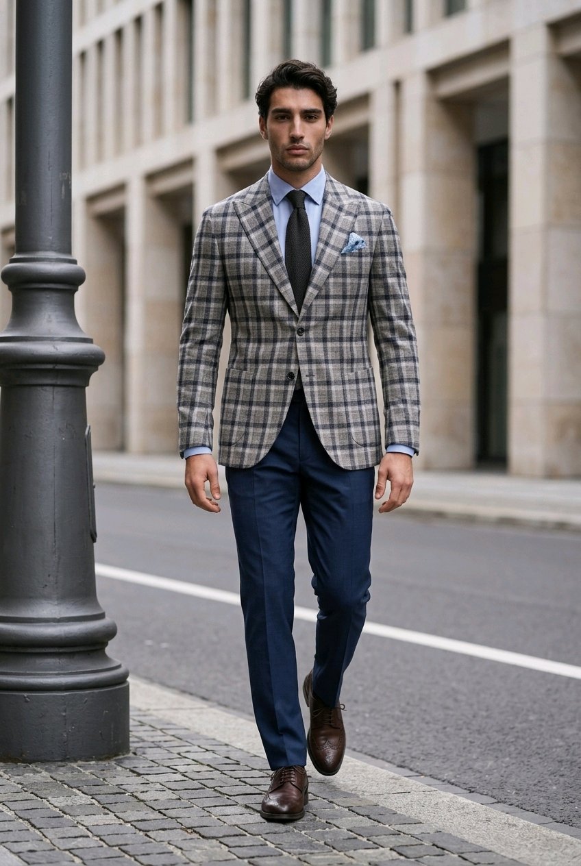 A man walking on a city sidewalk wearing a gray and beige plaid blazer, navy trousers, a light blue shirt, a dark tie, and brown leather shoes.