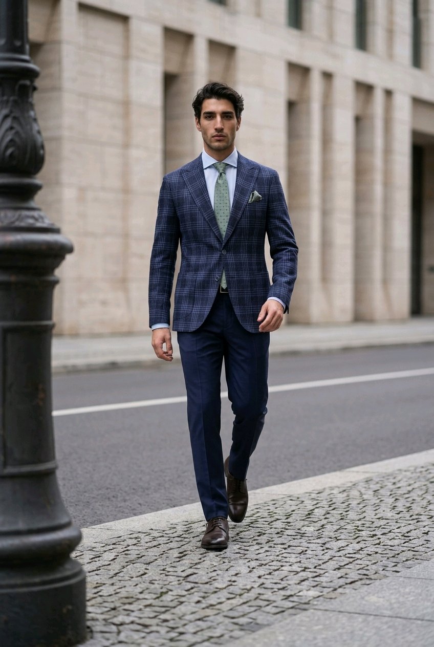 A man walking on a city sidewalk wearing a navy blue plaid suit, a light blue dress shirt, and a green patterned tie, with a beige stone building in the background.