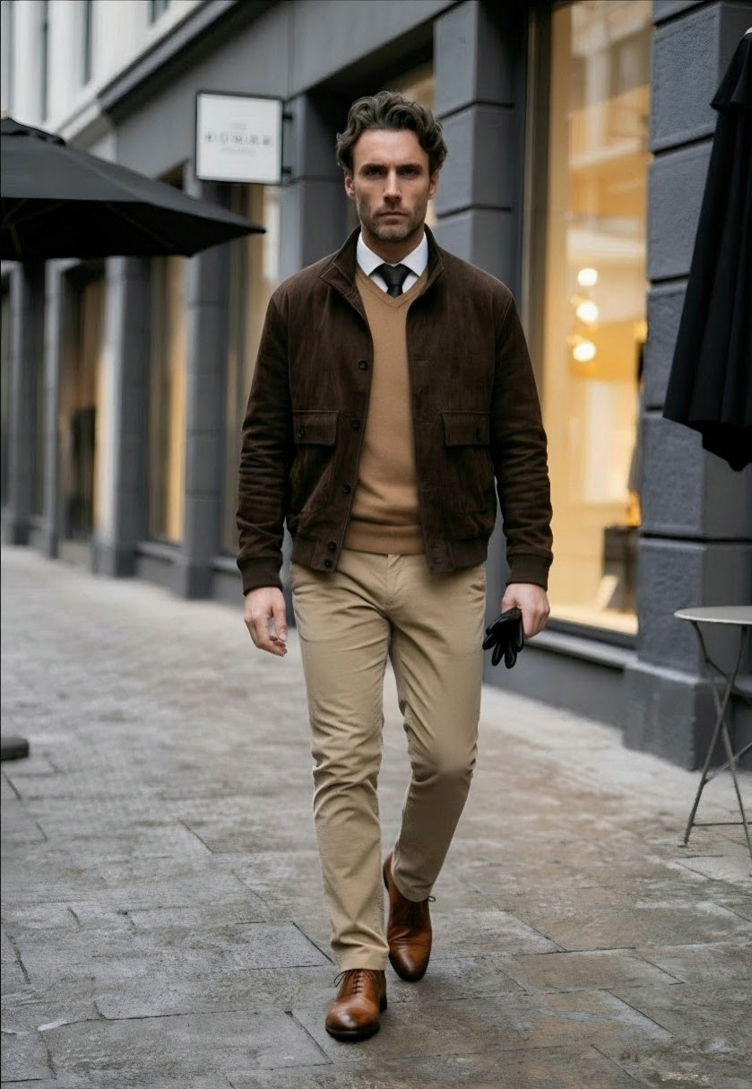 A man walking on a city street wearing a brown suede jacket, tan sweater, beige trousers, brown leather shoes, and holding black gloves.