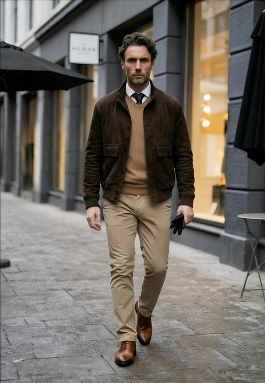 A man walking on a city street wearing a brown suede jacket, tan sweater, beige trousers, brown leather shoes, and holding black gloves.