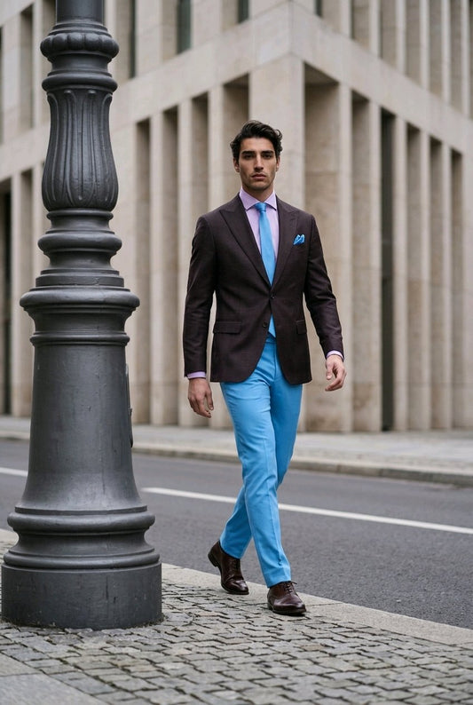 A man walking on a city street wearing a dark brown blazer, bright blue trousers, a light blue tie, and a matching blue pocket square, with a stone building and a black lamppost in the background.