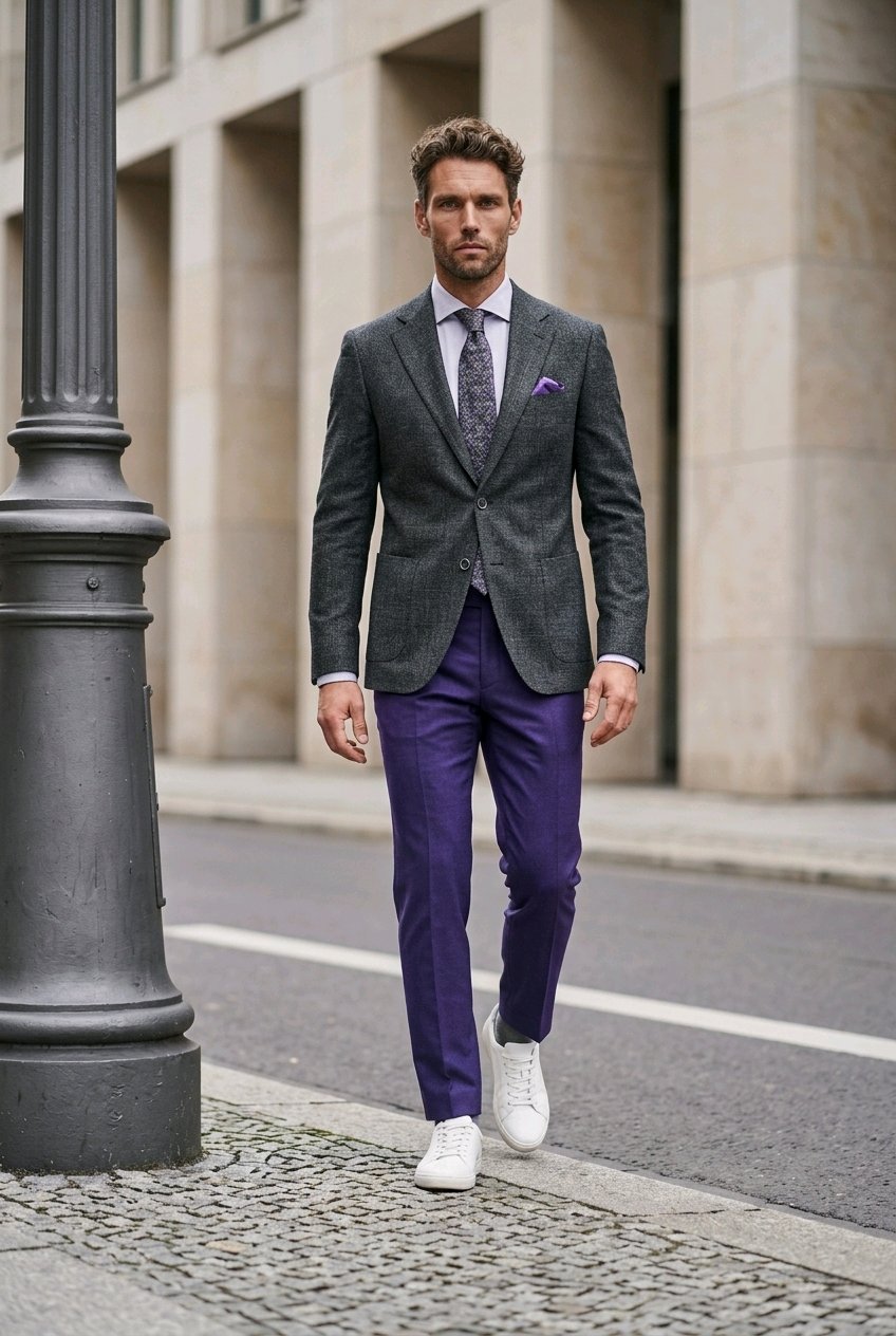 A man walking on a city street wearing a dark gray textured blazer, purple trousers, a patterned tie, and white sneakers.