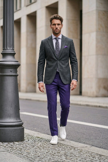A man walking on a city street wearing a dark gray textured blazer, purple trousers, a patterned tie, and white sneakers.