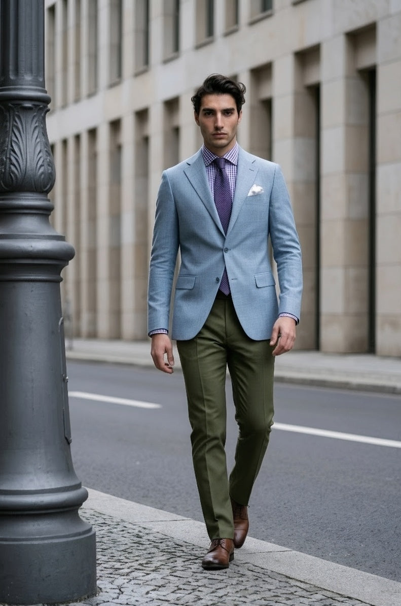 A man walking on a city street wearing a light blue blazer, olive green trousers, a purple striped shirt, and a purple tie.