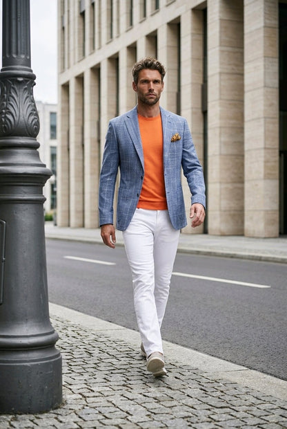 A man walking on a city street wearing a light blue plaid blazer over an orange t-shirt, white trousers, and beige loafers, with a stone building in the background.