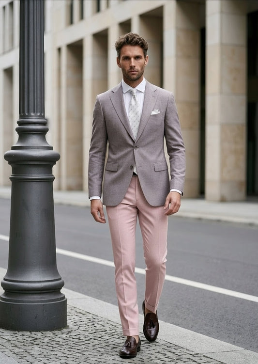 A man walking on a city street wearing a light gray blazer, pale pink trousers, a white dress shirt, and a light patterned tie, with dark brown dress shoes.