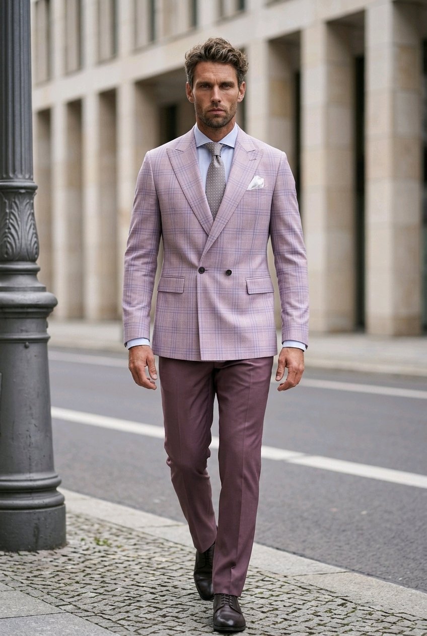 A man walking on a city street wearing a light lavender and pink checkered double-breasted blazer, matching trousers, a light blue shirt, and a gray tie.
