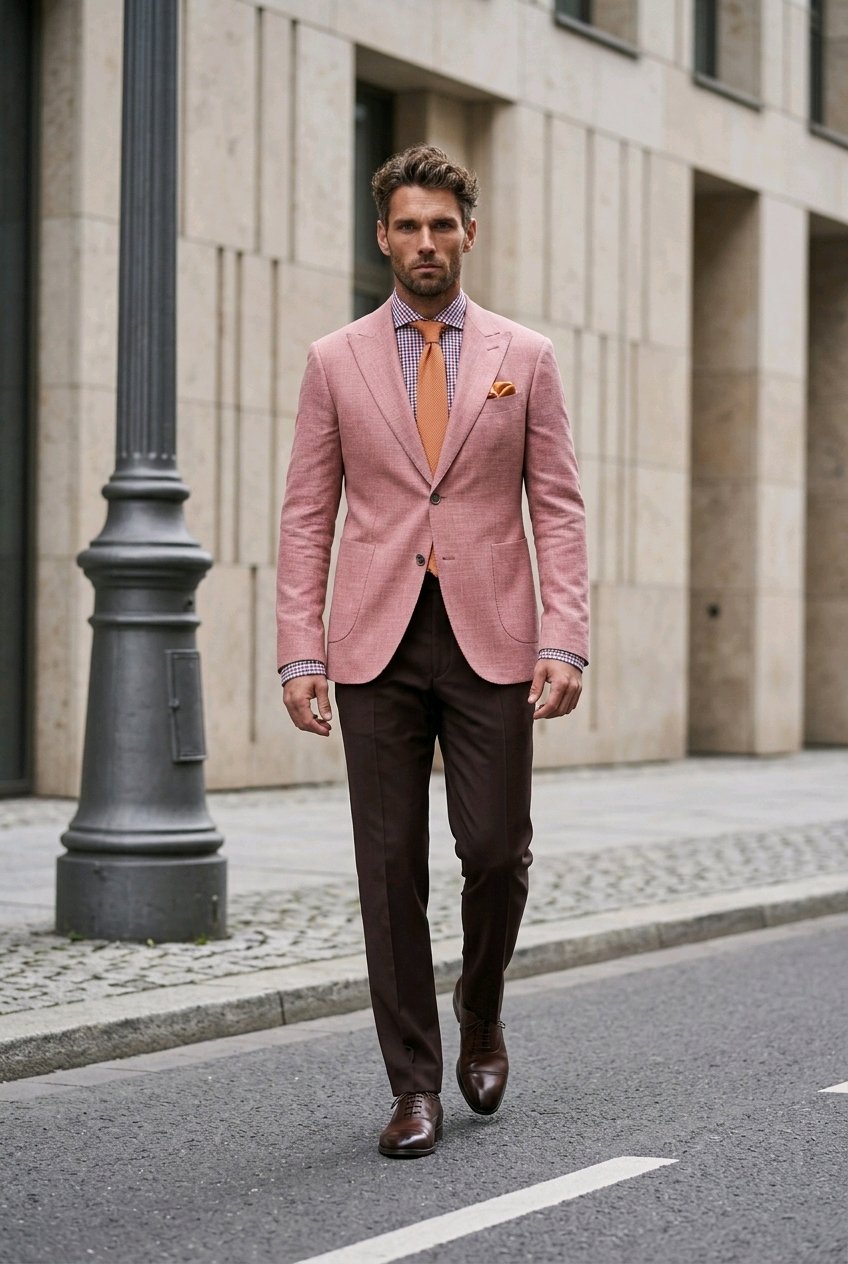 A man walking on a city street wearing a pink blazer, brown trousers, a blue shirt, an orange tie, and brown shoes.