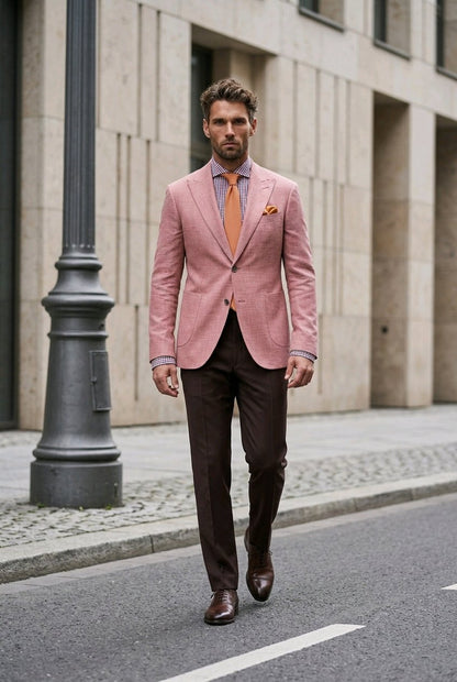 A man walking on a city street wearing a pink blazer, brown trousers, a blue shirt, an orange tie, and brown shoes.