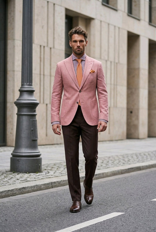 A man walking on a city street wearing a pink blazer, brown trousers, a blue shirt, an orange tie, and brown shoes.