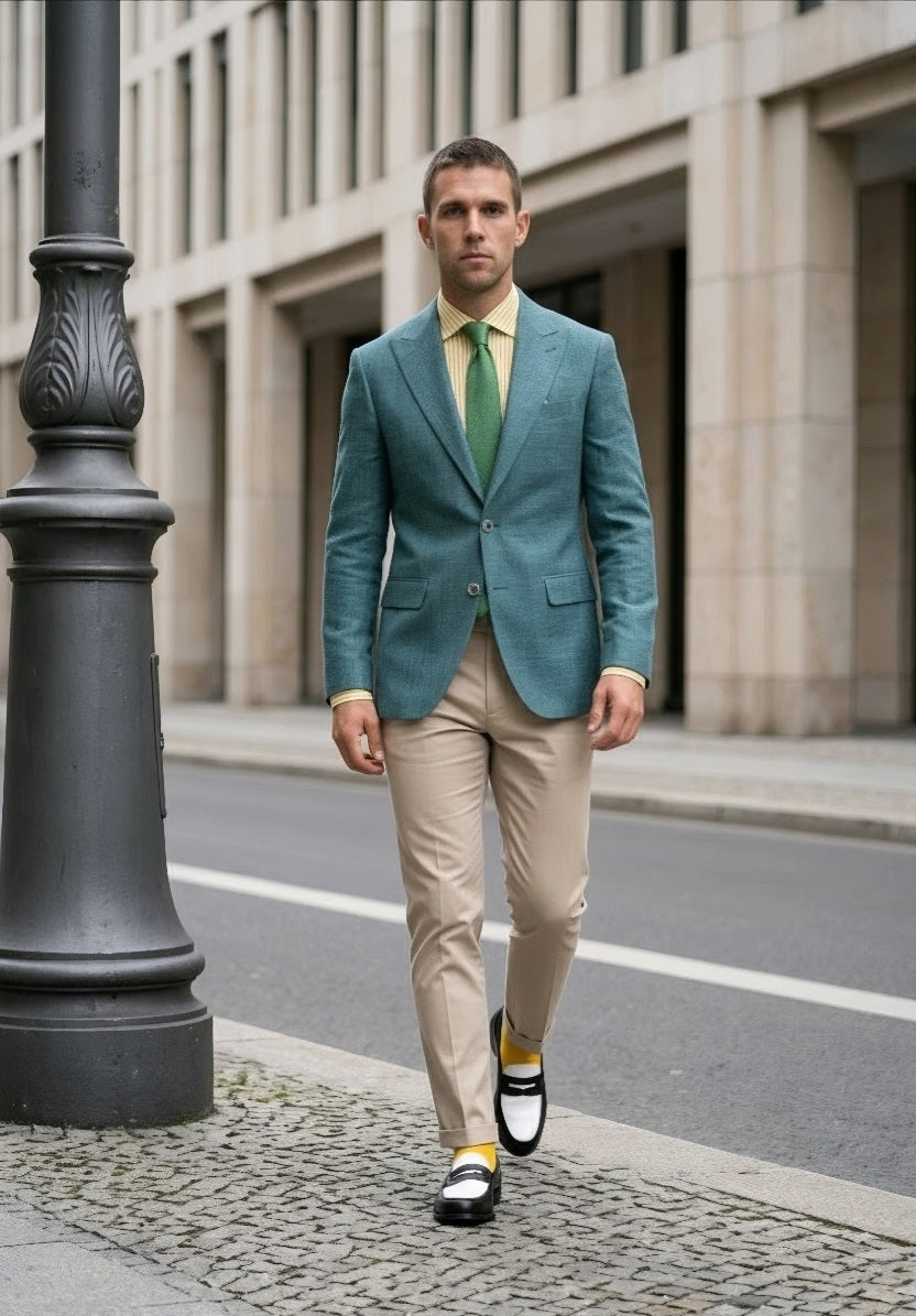 A man walking on a city street wearing a teal blazer, light beige trousers, a yellow shirt, and a green tie.