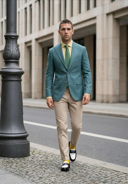 A man walking on a city street wearing a teal blazer, light beige trousers, a yellow shirt, and a green tie.