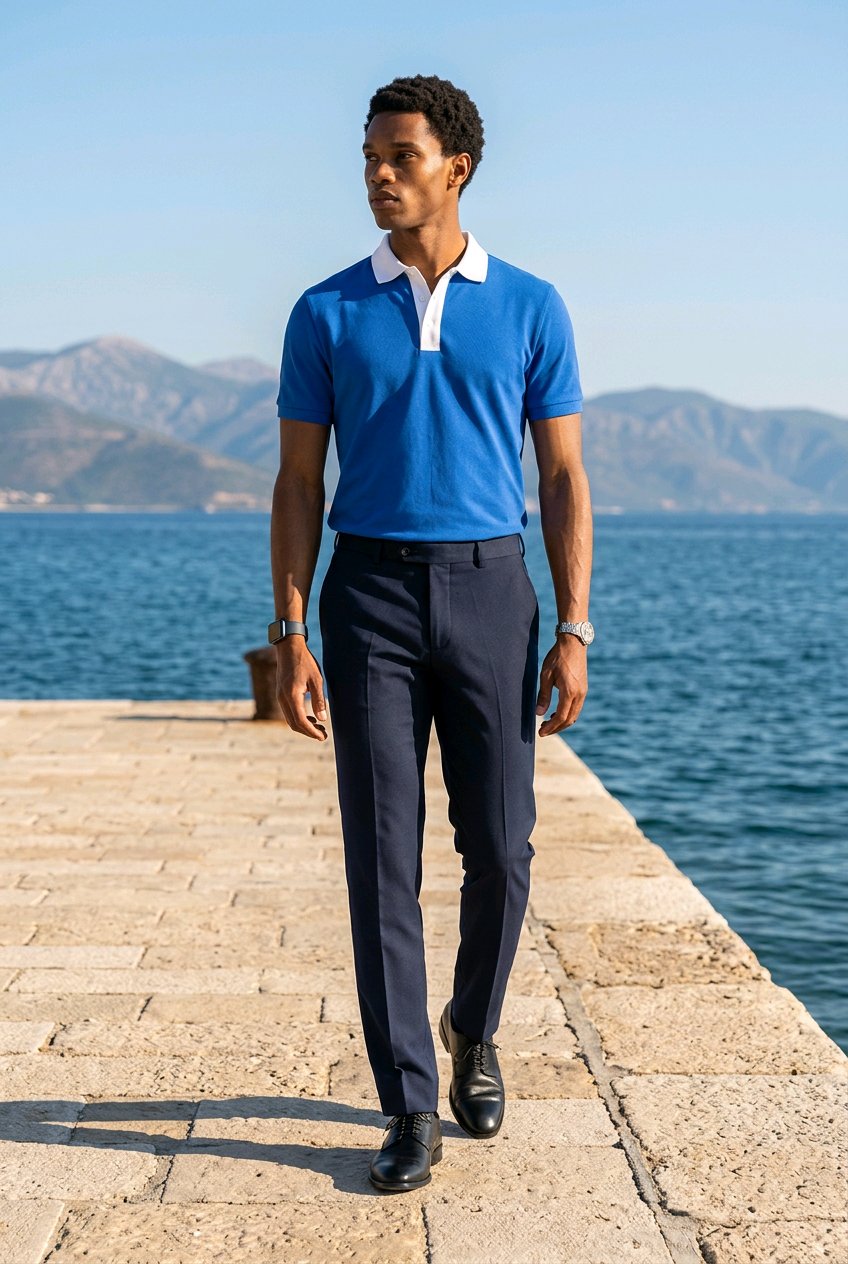 A man walking on a stone pier by the sea, wearing a bright blue short-sleeve polo shirt with a white collar, navy trousers, and black dress shoes.