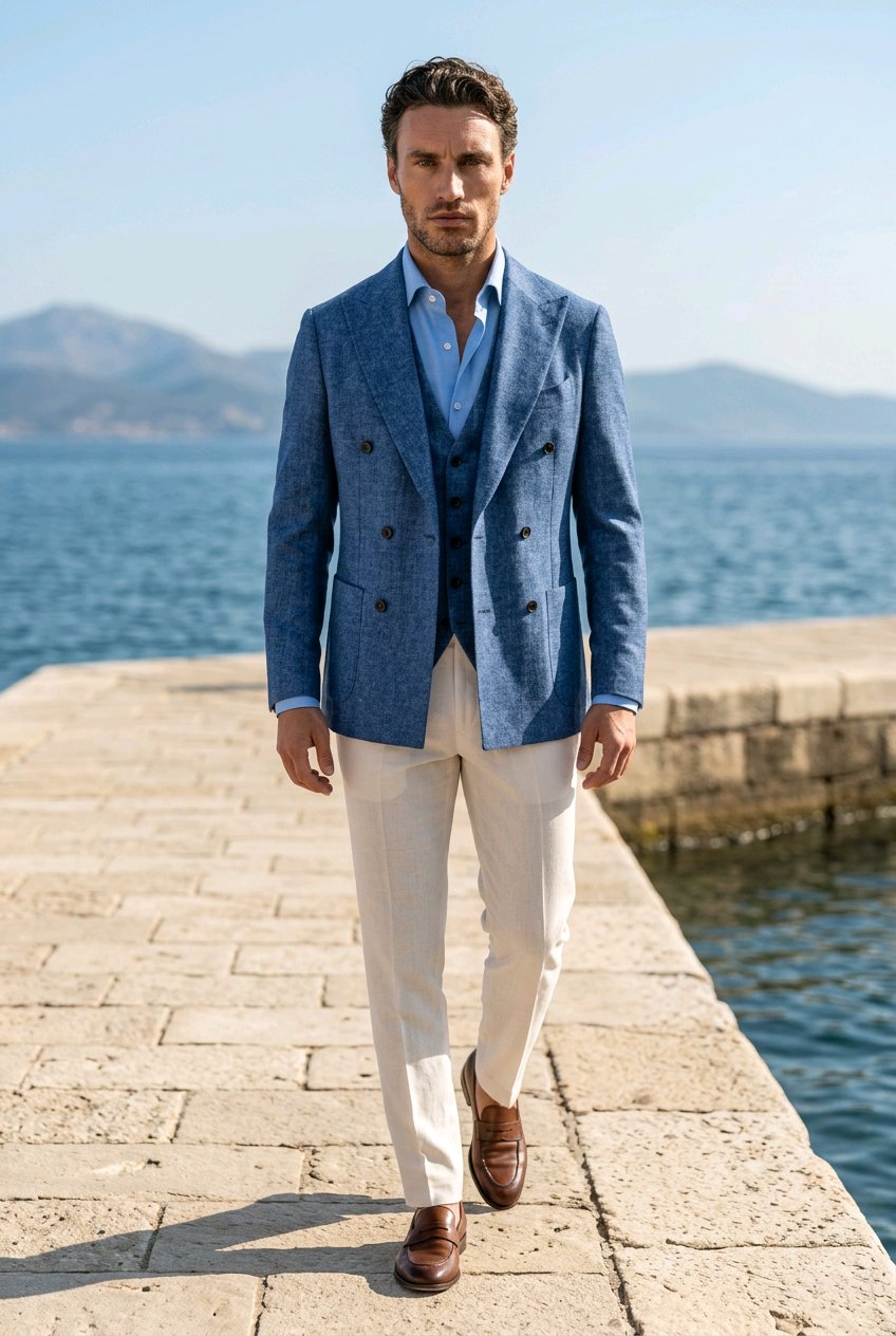 A man walking on a stone pier by the sea wearing a textured blue double-breasted blazer over a blue vest and light blue shirt, paired with cream trousers and brown leather loafers.