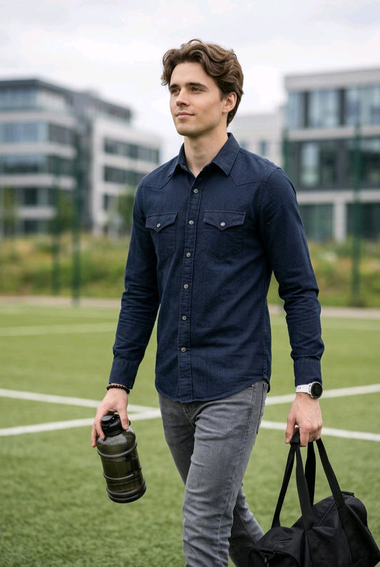 A man walking on an outdoor sports field wearing a dark navy blue long-sleeve button-up shirt, gray jeans, and carrying a black duffel bag and a water bottle.