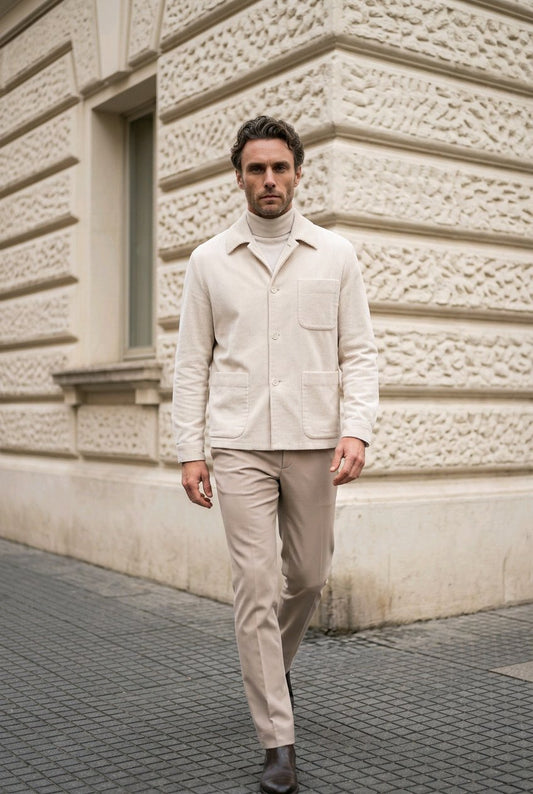 A man walking outdoors against a textured beige stone building, wearing a cream-colored corduroy jacket over a cream turtleneck, beige trousers, and dark brown shoes.