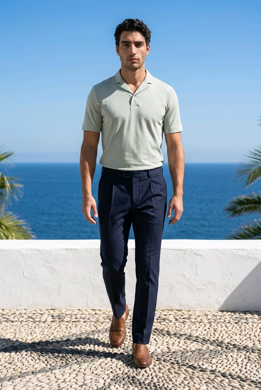 A man walking outdoors by the sea wearing a light sage green short-sleeve polo shirt, navy blue trousers, and brown leather shoes.