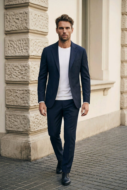 A man walking outdoors in a dark navy blue suit with a white crewneck t-shirt underneath, paired with black dress shoes, set against a beige stone building background.