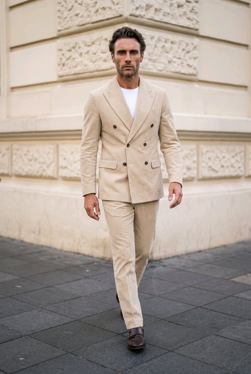 A man walking outdoors in a light beige double-breasted suit with a white t-shirt and dark brown loafers, set against a beige stone building.