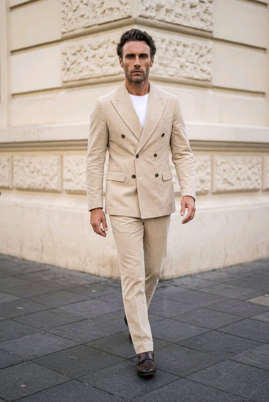 A man walking outdoors in a light beige double-breasted suit with a white t-shirt and dark brown loafers, set against a beige stone building.