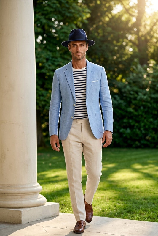A man walking outdoors in a light blue blazer, cream trousers, a black and white striped shirt, brown shoes, and a dark blue fedora hat, set against a background of green grass and trees with a white column on the left.