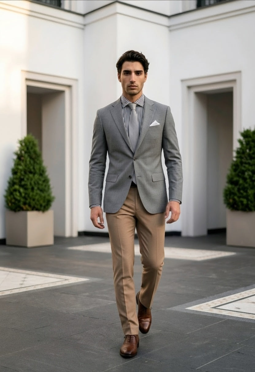 A man walking outdoors in a modern courtyard wearing a light gray blazer, tan trousers, a gray striped tie, and brown dress shoes.