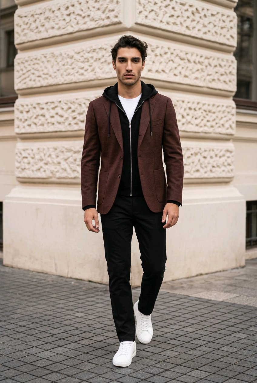 A man walking outdoors in front of a beige stone building, wearing a dark brown blazer over a black hoodie and black pants with white sneakers.