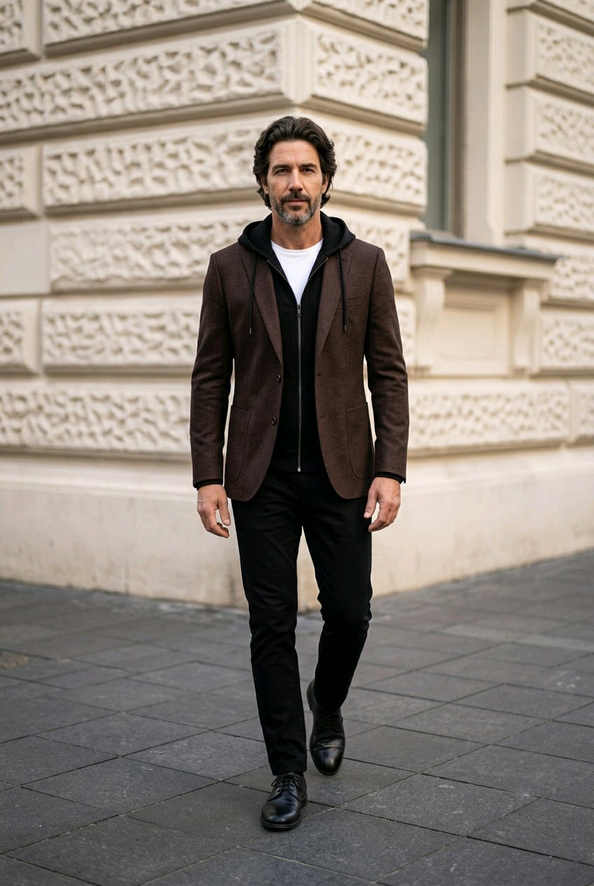 A man walking outdoors in front of a beige stone building, wearing a dark brown blazer over a black zip-up hoodie and black pants.