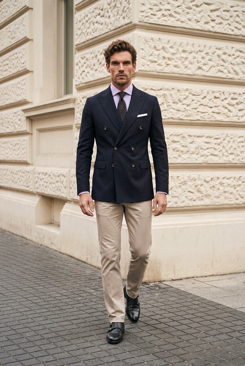 A man walking outdoors in front of a beige stone building, wearing a navy double-breasted blazer with gold buttons, beige trousers, a light purple shirt, a dark patterned tie, and black dress shoes.