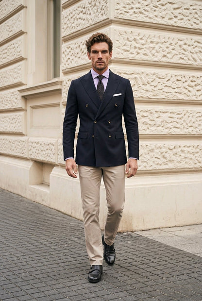 A man walking outdoors in front of a beige stone building, wearing a navy double-breasted blazer with gold buttons, beige trousers, a light purple shirt, a dark patterned tie, and black dress shoes.
