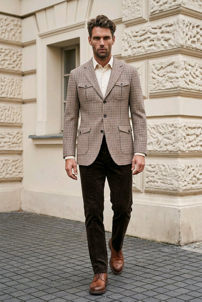A man walking outdoors in front of a cream-colored stone building, wearing a beige and brown checkered blazer, a white shirt, dark brown trousers, and brown leather shoes.