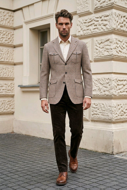 A man walking outdoors in front of a cream-colored stone building, wearing a beige and brown checkered blazer, a white shirt, dark brown trousers, and brown leather shoes.