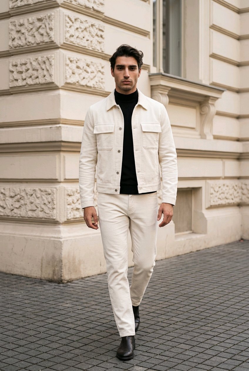 A man walking outdoors in front of a cream-colored stone building, wearing a cream-colored denim jacket and matching cream trousers over a black turtleneck sweater and black boots.
