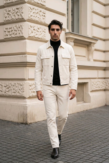 A man walking outdoors in front of a cream-colored stone building, wearing a cream-colored denim jacket and matching cream trousers over a black turtleneck sweater and black boots.