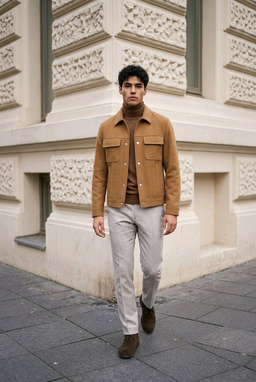 A man walking outdoors in front of a cream-colored stone building, wearing a tan suede utility jacket over a brown turtleneck sweater, light gray trousers, and brown suede shoes.