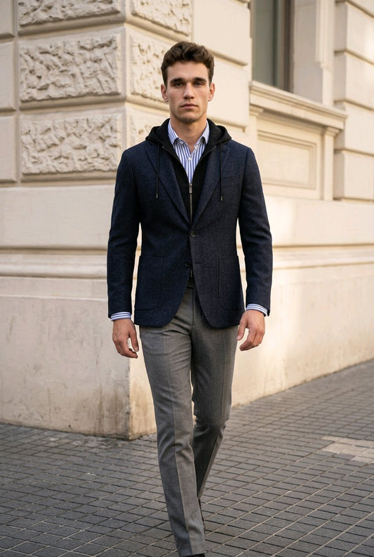 A man walking outdoors in front of a light-colored stone building, wearing a dark navy blue textured blazer with a built-in hood over a striped shirt, paired with gray trousers.