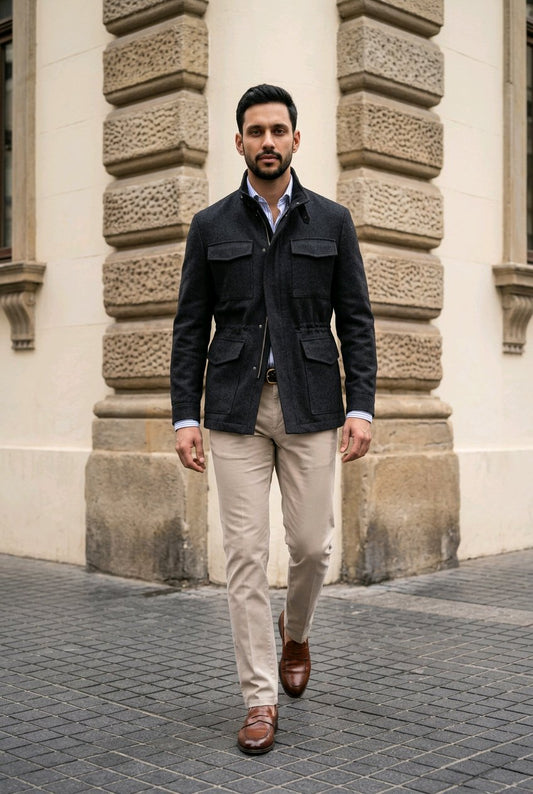 A man walking outdoors in front of a stone building, wearing a dark navy utility-style jacket over a light blue shirt, beige trousers, and brown leather loafers.