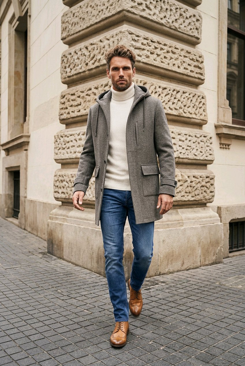A man walking outdoors in front of a stone building, wearing a gray hooded coat over a white turtleneck sweater, blue jeans, and brown leather shoes.