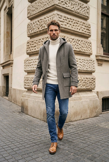 A man walking outdoors in front of a stone building, wearing a gray hooded coat over a white turtleneck sweater, blue jeans, and brown leather shoes.
