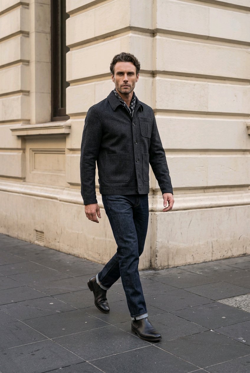A man walking outdoors on a city sidewalk next to a beige stone building, wearing a dark charcoal jacket, dark blue jeans, and dark boots.