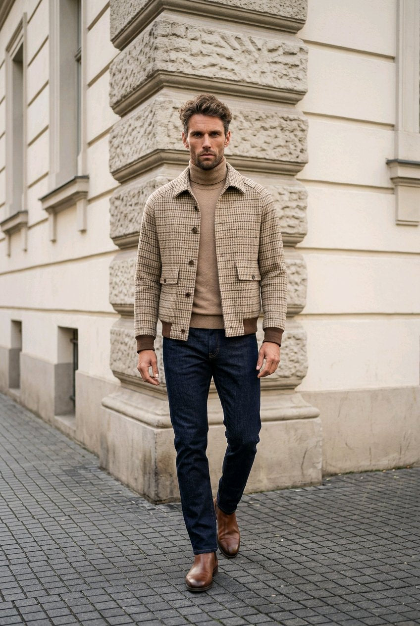 A man walking outdoors on a cobblestone street in front of a cream-colored stone building, wearing a beige and brown plaid button-up jacket over a tan turtleneck sweater, dark blue jeans, and brown leather shoes.