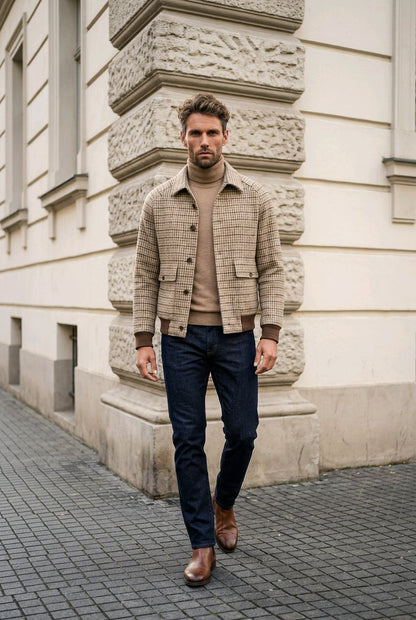 A man walking outdoors on a cobblestone street in front of a cream-colored stone building, wearing a beige and brown plaid button-up jacket over a tan turtleneck sweater, dark blue jeans, and brown leather shoes.