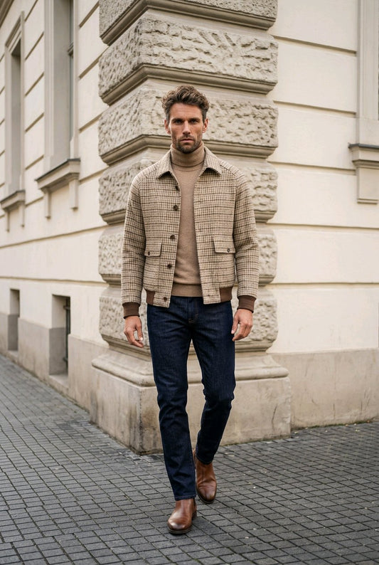 A man walking outdoors on a cobblestone street in front of a cream-colored stone building, wearing a beige and brown plaid button-up jacket over a tan turtleneck sweater, dark blue jeans, and brown leather shoes.