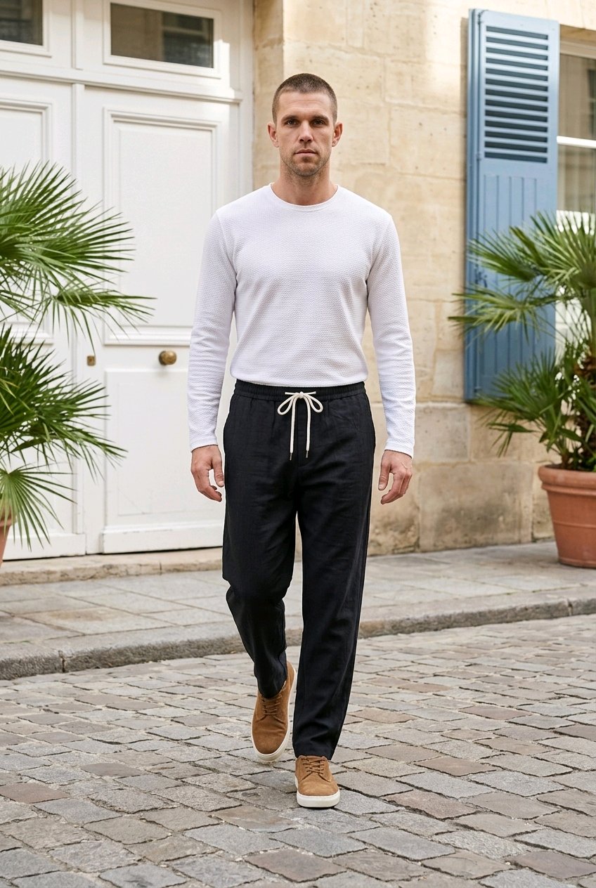 A man walking outdoors on a cobblestone street wearing a white long-sleeve crewneck shirt, black drawstring sweatpants, and brown suede sneakers.