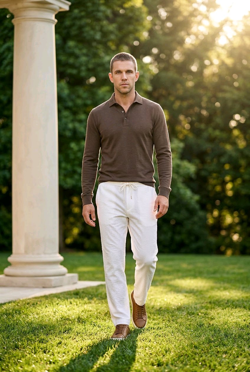 A man walking outdoors on a grassy lawn in front of a white column and green trees, wearing a dark brown long-sleeve polo shirt, off-white drawstring pants, and brown shoes.